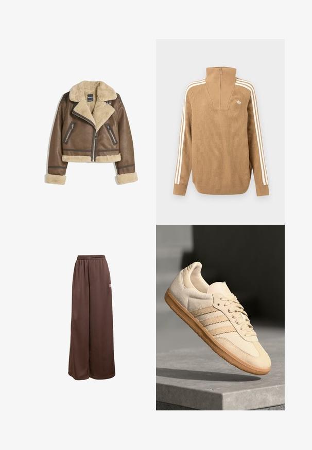 Brun läderjacka med krämfärgad faux shearling-foder, bred krage, kort design och två dragkedjefickor framtill med kontrasterande detaljer.; Brun ribbad tröja med hög krage och halvdragkedja, med tre vita ränder längs ärmarna och en liten logotyp på bröstet.; adidas Originals Träningsbyxor - auburn cream white; Ljusbeige mockasneaker med gummisula, tre diagonala ränder och en texturerad tåhuvud. Har logotyp på tungan och sidan.