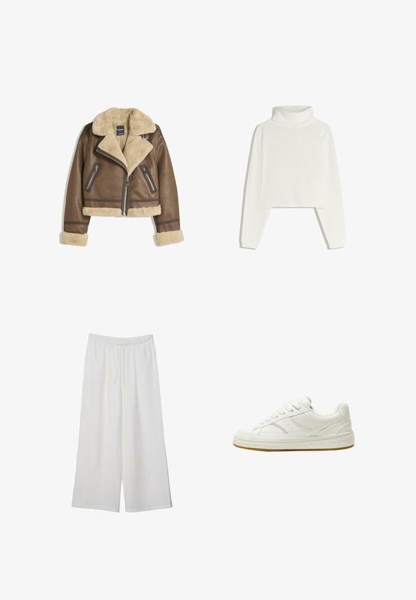Hnědá kožená bunda s krémovým umělým ovčím kožíškem, široký límec, zkrácený střih a dvě přední kapsy na zip s kontrastními akcenty.; Bílý žebrovaný rolák s dlouhými rukávy, zkráceným střihem a měkkou texturou. Obsahuje vysoký, strukturovaný límec a přiléhavé manžety.; Bílé kalhoty s širokými nohavicemi vyrobené z lehké tkaniny, s elastickým pasem a stahovací šňůrkou pro nastavitelnou velikost. Hladká textura.; Bílé kožené tenisky s kulatou špičkou, silnou gumovou podrážkou a šesti otvory pro tkaničky. Mají jemné prošívání a texturovanou podešev pro lepší grip.