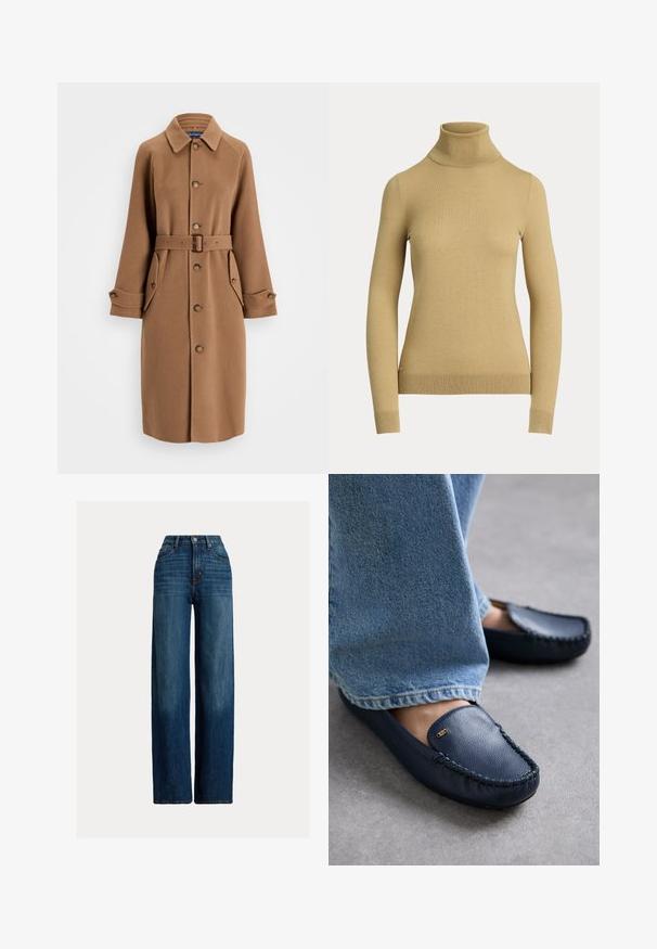 Barna gyapjúkeverék kabát, gallérral, gombos elülső résszel, két nagy oldalzsebbel és hozzáillő övvel. Hosszú ujjakkal, gombos mandzsettával rendelkezik.; Világos bézs garbó pulóver, sima, puha kötésből készült. Hosszú ujjak és testhez simuló szabás jellemzi, bordázott aljúval.; Sötétkék, bő szárú farmernadrág. Magas derekú, gombos záródással és klasszikus, öt zsebes dizájnnal rendelkezik. Simaság jellemzi, enyhe kopással.; MICHAEL Michael Kors EVE - Mokaszinok - navy