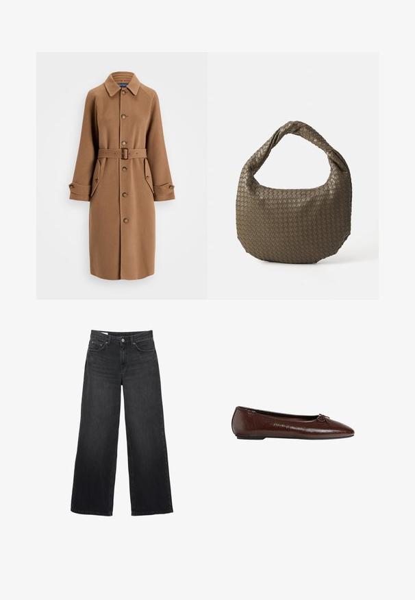 Brun uld-blandet frakke med krave, knaplukning foran, to store sidelommer og et matchende bælte. Har lange ærmer med knapmanchetter.; Lys beige crew neck sweater lavet af blødt strikket stof. Har lange ærmer og ribkantede manchetter, med en afslappet pasform og et minimalistisk design.; Sorte bredbensjeans lavet af denim. Har et klassisk fem-lomme design, en lige silhuet og en front knaplukning.; Brun læder balletflade med en glat tekstur, spids tå og en sløjfeakcent foran, der har en lav sort gummisål.; Vevet olivengrøn håndtaske med en rund form og et snoet håndtag. Den teksturerede overflade har et diagonalt mønster. Lynlåslukning.
