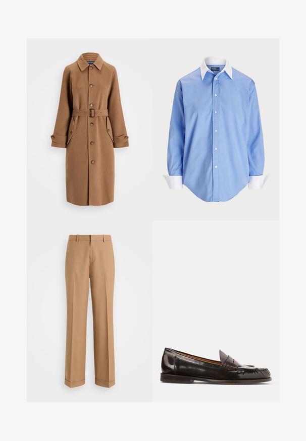 Bruine wollen mix jas met een kraag, knoopsluiting aan de voorkant, twee grote zijzakken en een bijpassende riem. Heeft lange mouwen met knopen bij de manchetten.; Lichtblauwe overhemd met lange mouwen en een witte contrasterende kraag. Heeft een gladde textuur en vijf knopen aan de voorkant.; Beige op maat gemaakte broek met een rechte pasvorm, gemaakt van zacht materiaal, met een voornaad en omgeslagen boorden aan de zoom.; Polo Ralph Lauren ASHTYN FRINGE TRIM CALFSKIN LOAFER - Instappers - ebano/tobacco