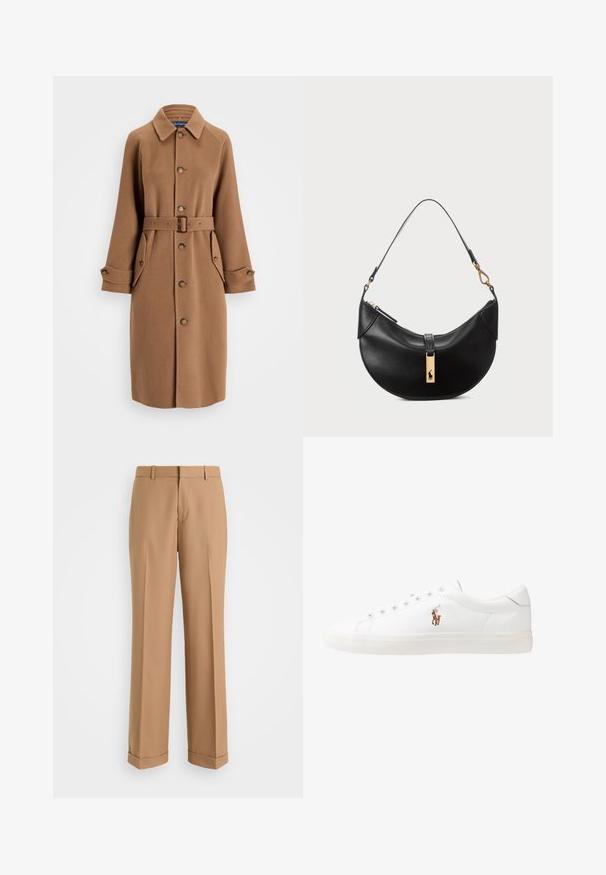 Abrigo de mezcla de lana marrón con cuello, cierre de botones en la parte delantera, dos grandes bolsillos laterales y un cinturón a juego. Cuenta con mangas largas con puños abotonados.; Camisa de botón azul claro con mangas largas y un cuello blanco en contraste. Presenta una textura suave y cinco botones frontales.; Pantalones beige ajustados con un diseño de pierna recta, confeccionados en una tela suave, con pliegue frontal y dobladillos enrollados en el bajo.; Zapatillas de cuero blancas, diseño de corte bajo, con una textura suave, puntera redonda, cordones en la parte delantera y un pequeño logo bordado en el lateral.; Bolso de cuero negro en forma de media luna. Presenta un acento de hardware dorado y una correa estrecha. Textura suave, cierre de cremallera en la parte superior.