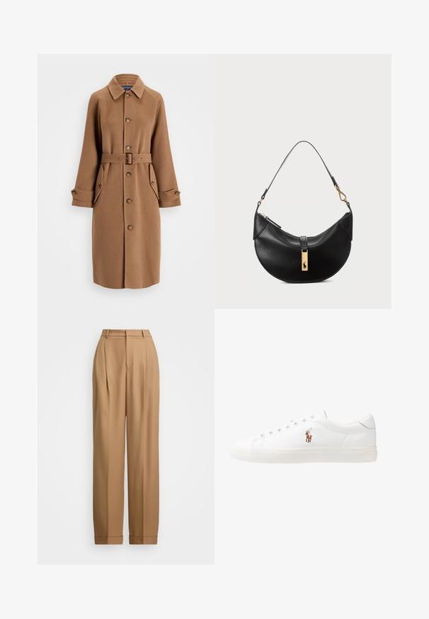 Pruun villasegude mantlil on kaelus, nööbid ees, kaks suurt küljetaskut ja sobiv vöö. Omab pikaid varrukaid, millel on nööbiga mansetid.; Hele helesinine nööpidega särk, millel on valge kontrastne krae. Omab siledat tekstuuri ja viit esist nuppu.; Beige kohandatud püksid kõrge vöökohaga, volditud esiosaga, kitsenevate jalgadega ja ülesheegeldatud pahkluudega. Sile kangas delikaatse tekstuuriga.; Valged nahast tossud, madala ülaservaga disain, millel on sile tekstuur, ümar varvas, nööridega esiosa ja väike tikand logoga küljel.; Must musträik maximum ümmargune nahk kott. Omab kuldse metallist aksessuaari ja kitsast rihma. Sile tekstuur, lukuga sulgemine üleval.