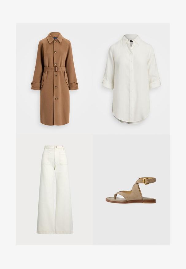 Bruine wollen mix jas met een kraag, knoopsluiting aan de voorkant, twee grote zijzakken en een bijpassende riem. Heeft lange mouwen met knopen bij de manchetten.; Witte linnen blouse met een knoopsluiting, korte opgerolde mouwen, een kraag en een afgeronde zoom. Voorzien van lichtgekleurde knopen.; Wijd-zit jeans van off-white denim. Hooggaande taille met een knoopsluiting, twee voorzakken en contrasterende stikdetails.; Beige suede sandalen met een teenlus, open zijkanten en een brede enkelband met een gouden gesp. Platte bruine zool met een lichte rand.