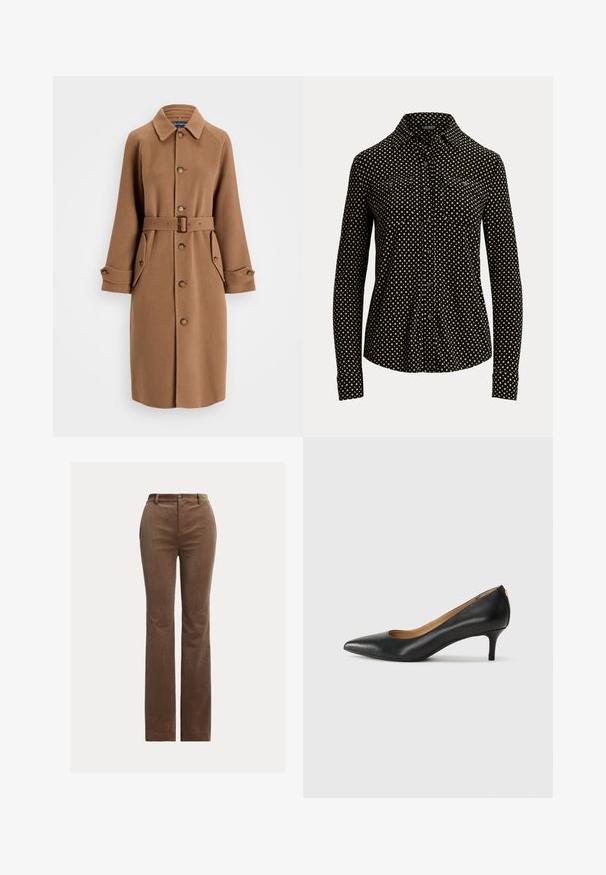 Rudas vilnos mišinys paltas su apykakle, mygtukų priekyje, dviem didelėm šoninėm kišenėm ir derinančiu diržu. Yra ilgomis rankovėmis su mygtukais.; Juodas mygtukų marškiniai su balta kvadratų raštu, ilgomis rankovėmis, apykakle ir dviem priekinių kišenių, pagaminti iš minkštos medžiagos.; Rudos kordūrinio audinio kelnes su tiesia buvo, turinčios diržo kilpas, priekinėmis kišenėmis ir subtiliu vertikaliu raštu tekstūrai.; Juodos odinės aukštakulnės bateliai su smailiu nosiu, žemu kulnu ir lygiu paviršiumi. Priekyje yra nedidelis atvirumas, o gale minimalus apdaila.