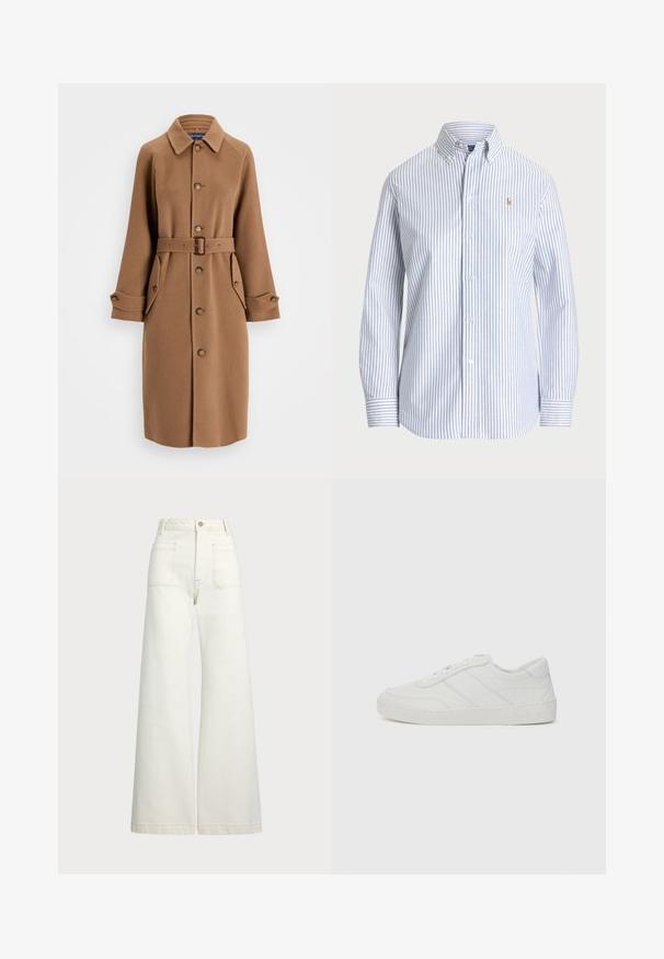 Brown wool-blend coat with a collar, button front, two large side pockets, and a matching belt. Features long sleeves with buttoned cuffs.; Striped button-up shirt in light blue and white. Features a classic collar, long sleeves, and a small embroidered logo on the chest.; Wide-leg jeans in off-white denim. High-waisted design with a button closure, two front pockets, and contrast stitching details.; White leather sneaker with flat laces, rounded toe, and subtle stitching details. Features a textured sole and embossed brand logo on heel.