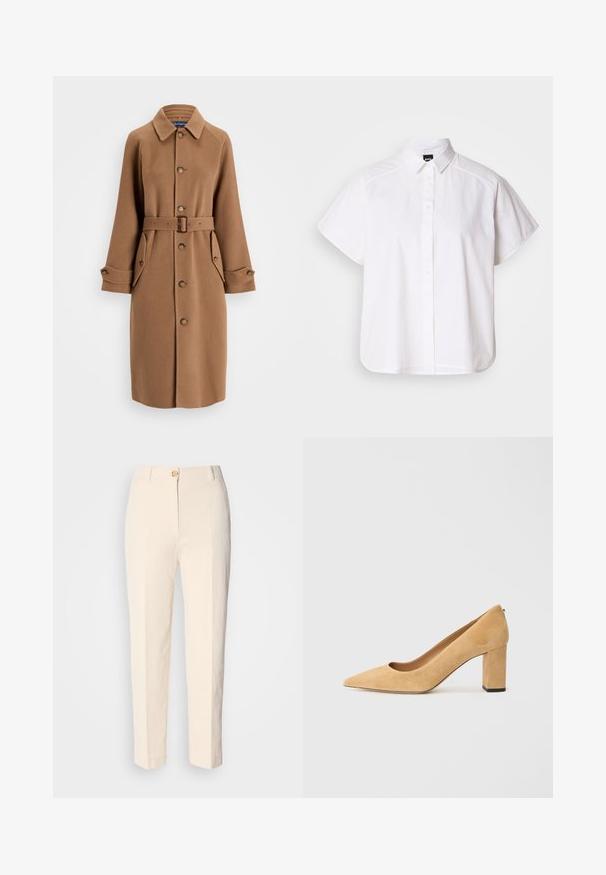 Brauner Wollmischungs-Mantel mit Kragen, Knopfleiste, zwei großen Seitentaschen und einem passenden Gürtel. Verfügt über lange Ärmel mit geknöpften Manschetten.; Weißes kurzärmliges Hemd mit Knopfleiste, spitzem Kragen und abgerundetem Saum. Hergestellt aus Baumwolle mit glatter Textur und ohne sichtbare Muster.; Cremfarbene, hochtaillierte Hose aus strukturiertem Stoff. Mit einem Knopfverschluss vorne und schmal zulaufenden Beinen.; Beige Wildleder-Pumps mit hohem Absatz, spitz zulaufend und mit einem klobigen Blockabsatz. Das Material hat eine weiche Textur mit einer glatten Oberfläche.