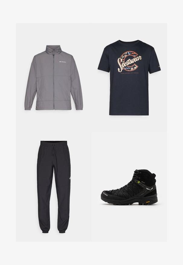 Jachetă ușoară gri, din nailon, cu guler înalt, fermoar complet front, manșete elastice și branding subtil pe partea stângă sus a pieptului.; Tricou din bumbac de culoare bleu marin, cu un grafic mare și colorat "Sportswear" ce prezintă modele geometrice și litera "C" pe față.; Pantaloni atletici negri, confecționați dintr-un material ușor, cu un tiv elastic la talie, buzunare laterale și tivuri ajustate la gleznă.; Botană de drumeție neagră, cu un material superior texturat, vârful întărit și talpa Vibram. Sistemul de șirete include cârlige pentru o fixare sigură.