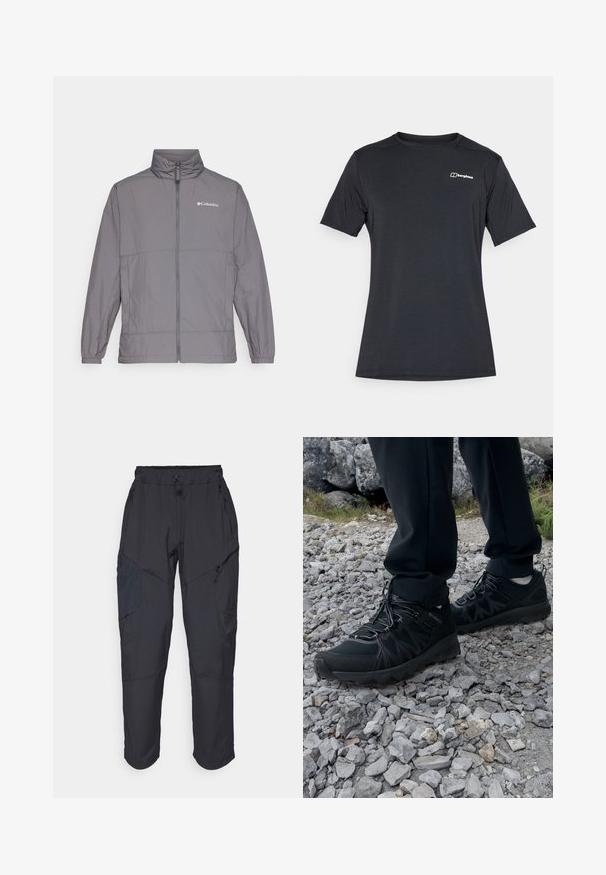 Gray lightweight jacket made of nylon with a high collar, full front zipper, elastic cuffs, and subtle branding on the upper left chest.; Berghaus DELTA TEE - Sports T-shirt - black; Black cargo pants made from a lightweight, water-resistant material; features elastic waistband, multiple zippered pockets, and tapered legs.; Black outdoor shoes with mesh and synthetic material, featuring a textured upper, secured lacing system, and a rugged outsole, on rocky terrain.