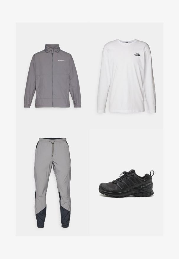 Gray lightweight jacket made of nylon with a high collar, full front zipper, elastic cuffs, and subtle branding on the upper left chest.; White long-sleeve T-shirt made of cotton with a crew neck. Features a small black logo on the chest. Smooth texture, regular fit.; Lightweight, gray athletic pants with black accents. Elastic waistband, drawstring closure, tapered leg design, and side pockets.; Black athletic shoe with a textured synthetic upper, cushioned sole, and a quick-lacing system. Features a reinforced toe and heel.
