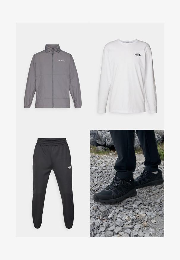 Gray lightweight jacket made of nylon with a high collar, full front zipper, elastic cuffs, and subtle branding on the upper left chest.; White long-sleeve T-shirt made of cotton with a crew neck. Features a small black logo on the chest. Smooth texture, regular fit.; Black sweatpants with a drawstring waist, tapered fit, elastic cuffs, and a small white logo on the left thigh, made from smooth fabric.; Black outdoor shoes with mesh and synthetic material, featuring a textured upper, secured lacing system, and a rugged outsole, on rocky terrain.