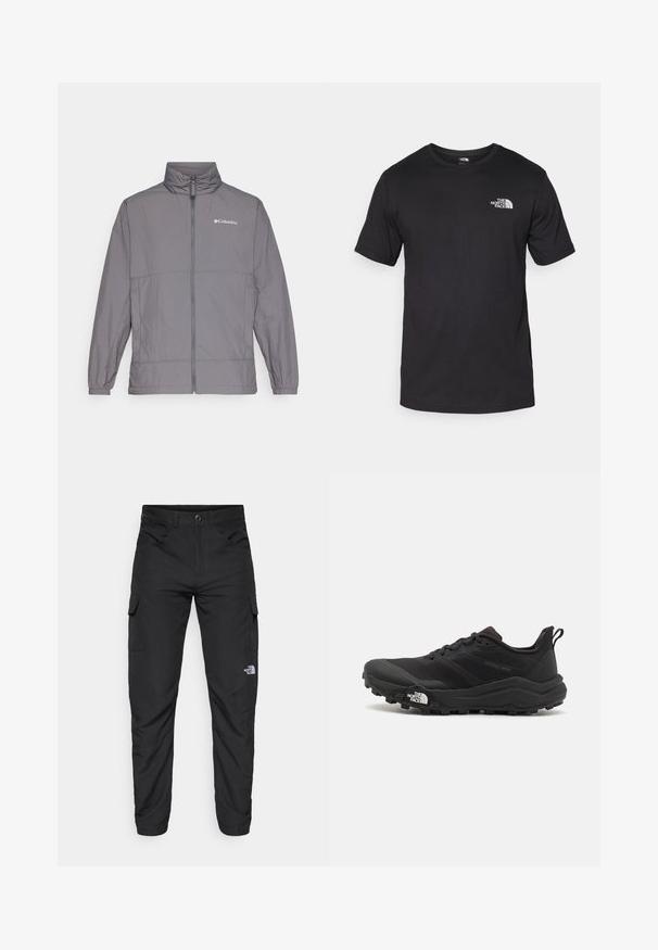 Harmaa kevyt takki, joka on valmistettu nylonista, korkealla kauluksella, koko edessä olevalla vetoketjulla, elastisilla hihoilla ja hillityllä brändäyksellä vasemmassa ylärinnassa.; Mustat lyhythihaiset t-paidat, jotka on valmistettu puuvillasta. paidassa on pyöreä pääntie ja pieni valkoinen logo vasemmassa ylärintataskussa.; The North Face HORIZON PANT - Ulkohousut - black; Musta maastojuoksukengät, joissa on teksturoitu päällinen, kumipohja ja vahvistettu varvastoppia. Varusteena pehmustettu nilkkakappale ja vetotappi helppoa pukemista varten.