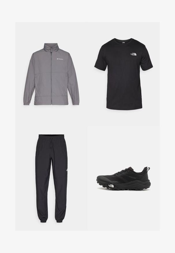 Szürke, könnyű nylon dzseki magas gallérral, teljes hosszúságú cipzárral, elasztikus mandzsettákkal és diszkrét brandlogóval a bal felső mellrészen.; Fekete rövidujjú pamut póló, kerek nyakkivágással, a bal felső mellkason egy kis fehér logóval.; Fekete sportnadrág, könnyű anyagból készült, húzózsinóros derékkal, oldalsó zsebekkel és szűkített szárakkal a bokáknál.; Fekete terepfutó cipő, textúrált felső résszel, gumitalppal és megerősített lábujjrészével. Párnázott bokarésszel és húzófüllel rendelkezik a könnyű felhúzáshoz.