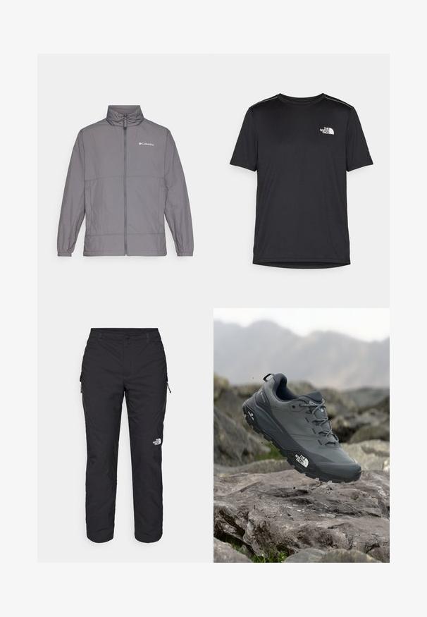 Grau leichte Jacke aus Nylon mit hohem Kragen, durchgehendem Reißverschluss, elastischen Bündchen und dezentem Branding auf der oberen linken Brust.; Schwarzes T-Shirt mit kurzen Ärmeln aus leichtem Stoff. Mit einem kleinen weißen Logo auf der linken Brust und dezenten Akzenten an den Schultern.; The North Face WINTER EXPLORATION TAPERED CARGO - Outdoor-Hose - black; Grau Trailrunning-Schuh mit einer strukturierten Oberseite, haltbarer Gummisohle und verstärkter Zehenkappe. Verfügt über Schnürsenkel und ein Markenlogo an der Seite.