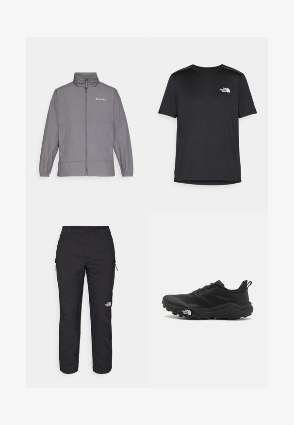 Harmaa kevyt takki, joka on valmistettu nylonista, korkealla kauluksella, koko edessä olevalla vetoketjulla, elastisilla hihoilla ja hillityllä brändäyksellä vasemmassa ylärinnassa.; Mustapaita lyhyillä hihoilla, joka on valmistettu kevyestä kankaasta. Siinä on pieni valkoinen logo vasemmassa rinnassa ja huomaamattomia olkakoristeita.; The North Face WINTER EXPLORATION TAPERED CARGO - Ulkohousut - black; Musta maastojuoksukengät, joissa on teksturoitu päällinen, kumipohja ja vahvistettu varvastoppia. Varusteena pehmustettu nilkkakappale ja vetotappi helppoa pukemista varten.