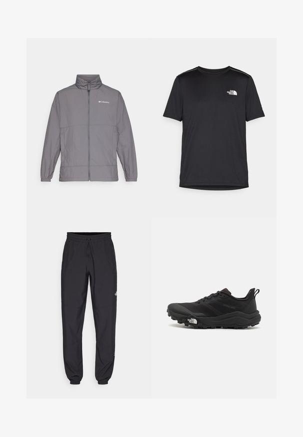 Veste légère grise en nylon avec un col montant, fermeture éclair sur toute la longueur, poignets élastiques et un logo discret sur le haut à gauche de la poitrine.; T-shirt noir à manches courtes en tissu léger. Présente un petit logo blanc sur la poitrine gauche et des accents subtils aux épaules.; Pantalon de sport noir en tissu léger, avec une taille à cordon, des poches latérales et des chevilles resserrées.; Chaussure de trail running noire avec une tige texturée, semelle en caoutchouc et bout renforcé. Présente un col rembourré et une tirette pour un enfilage facile.