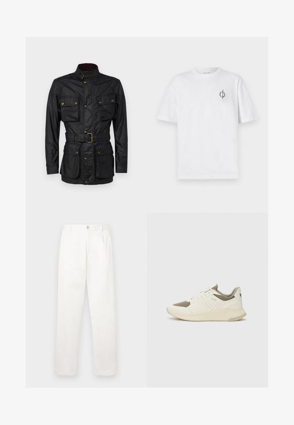 Kangasmusta vahattu puuvillatakki, jossa on korkea kaulus, neljä etutaskua, vyötärönauha ja kultaiset yksityiskohdat. Silkkinen pinta ja viimeistelty muotoilu.; Valkoinen puuvillapaita rentoa istuvuutta, jossa on pieni musta graafinen logo vasemmassa rintataskussa. Lyhyet hihat, pyöreä kaula-aukko.; Valkeat housut, jotka on valmistettu sileästä kankaasta, suoran lahkeiden muotoilun, etupleettien ja vyötäröllä olevan yksittäisen nappikiinnityksen kanssa.; Valkoinen ja vaaleanbeige urheilukengät, joissa on verkkomateriaali yläosa, rei'itettyjä yksityiskohtia ja teksturoitu välipohja, jossa on brändäys kantapäässä.