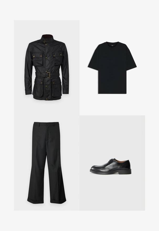 Sort vokset bomuldsjakke med høj krave, fire frontlommer, bælte i taljen og gyldne hardwaredetaljer. Glat tekstur og struktureret design.; Sort bomuld t-shirt med rund halsudskæring og korte ærmer. Har en løs pasform og et enkelt design uden mønstre eller accenter.; Sorte vide benbukser med knappet talje og opslåede ben, præsenteret mod en ensfarvet hvid baggrund.; Sorte lædersko med rund tå, glat overflade, snøre detaljer og en lav, tekstureret gummisål. Rene linjer og minimalistisk design.