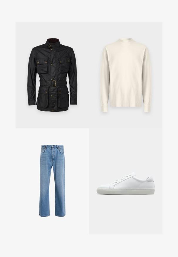Čierna voskovaná bavlnená bunda s vysokým golierom, štyrmi prednými vreckami, opaskom v páse a zlatými kovovými doplnkami. Hladká textúra a štruktúrovaný dizajn.; Dlhý rukáv, polo-výstrihová košeľa vo svetlej krémovej bavlne. Hladká textúra, voľný strih, minimalistický dizajn, žiadne viditeľné vzory ani akcenty.; Svetlo modré denimové džínsy so strihom rovného nohu, päť vreciek, zapínanie na gombík, minimálne vyblednutie a kontrastné švy.; Biele tenisky s hladkým koženým zvrškom a nízkym profilom. Majú zaoblenú špičku, šesť očiek a štruktúrovanú gumovú podrážku.