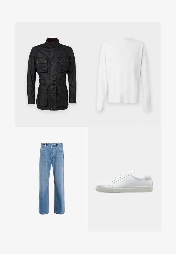 Zwarte gewaxte katoenen jas met een hoge kraag, vier voorzakken, een ceintuur in de taille en gouden hardware accenten. Gladde textuur en gestructureerd ontwerp.; Witte katoenen blouse met lange mouwen en een ronde halslijn, met zijsplitten aan de onderkant en een gladde textuur, vanuit de achterkant weergegeven.; Lichtblauwe denim jeans met een straight-leg ontwerp, vijf zakken, knoopsluiting, minimale vervaging en contrasterende stikseldetails.; Witte sneaker met een gladlederen bovenwerk en een laag profiel. Voorzien van een ronde neus, zes vetergaatjes en een gestructureerde rubberen zool.
