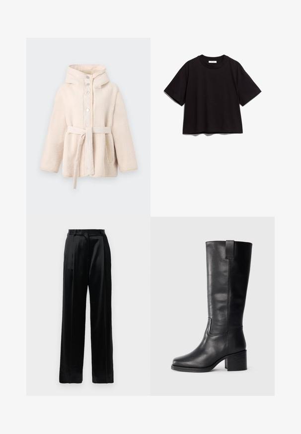 Beež, pehme fliisist jakk kapuutsiga, ees nupud, vöö taljes ja küljetaskud. Sile sisekate.; Must musta lühikese varrukaga t-särk ümmarguse kaeluse ja lõdva istuvusega. Omab lihtsat, kaunistamata disaini.; Mustad kõrge vöökohaga satiinstruktuuriga püksid, sirgete laiade jalgadega, vööloopide ja lapiku eeskinni sulgemisega valge tausta ees.; Musthave mustad nahktoodete bikiinibootid, millel on sile pind, ruudukujuline varvas, plokk-kand ja külgmine tõmbeaas, minimaalse õmblusega detailid.