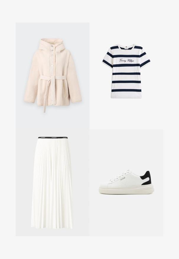 Chaqueta de forro polar beige y suave con capucha, botones de presión en el frente, cinturón en la cintura y bolsillos laterales. Forro interior suave.; Camiseta de algodón con rayas horizontales azul marino sobre un fondo blanco. "Tommy Hilfiger" bordado en cursiva en el pecho. Escote de tipo crew.; Falda blanca plisada con una cinturilla elástica negra que presenta el logotipo "LACOSTE". Diseño de longitud media con textura suave.; Zapatillas blancas de cuero con una suela blanca gruesa, acento en el talón de ante negro y logo grabado en el lateral. Diseño de cordones con seis ojales.