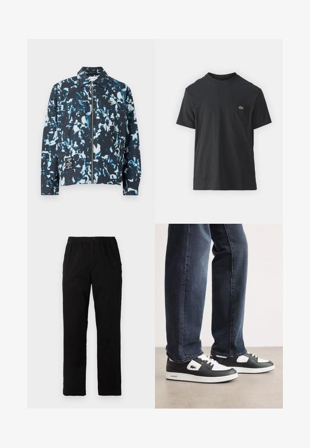 Jaqueta de camuflagem azul e preta, fabricada em tecido leve, com fecho na frente, colarinho tipo ponto e um patch de logotipo na parte inferior da frente. Punhos e barra elásticos.; Camiseta de algodão preta com mangas curtas, decote redondo e um pequeno logo verde no bolso do peito esquerdo. Design simples, corte regular.; Calças pretas feitas de um tecido de algodão misto, com corte reto, cintura elástica com botão e sem padrões ou detalhes visíveis.; Sneakers Lacoste em preto e branco com parte superior em couro texturizado, apresentando um design com atacadores e uma sola de borracha branca. Usadas com jeans escuros.