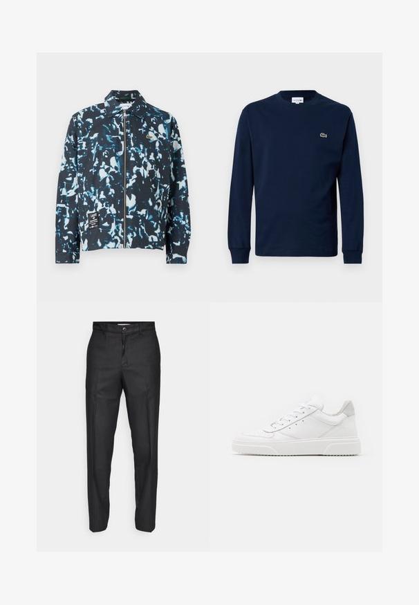 Blue and black camouflage jacket, lightweight fabric, zip-up front, point collar, and a logo patch on the lower front. Elastic cuffs and hem.; Navy long-sleeve t-shirt made of cotton, featuring a crew neck and a small green crocodile logo on the left chest.; Black trousers made of a smooth fabric, featuring a front button closure, straight legs, and no visible pockets or patterns.; White leather sneakers with a smooth finish, rounded toe, flat laces, and a textured sole. Grey suede accent at the heel.