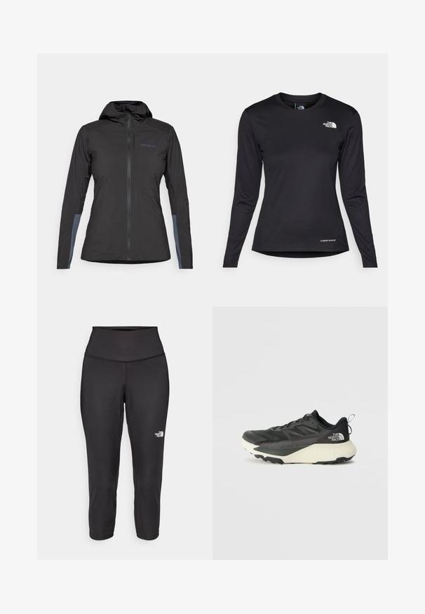 Mustra musta Patagonia kapuutsiga jakk, millel on ees tõmblukk ja hallid plaastrid sisemistel käsivartel, esitatud valgel taustal.; The North Face SHADOW LONG SLEEVE - Pikkade varrukatega topp - black; Mustad mustad capri retuusid on valmistatud elastsetest kangast, millel on kõrge vöökoht ja väike valge logo vasakul küljel. Sile tekstuur.; Musty mustusjalats musta pealisega, millel on tekstuur, hallid aktsendid ja valge vaheosa. Sisaldab tõmbeosa ning silmapaistvat brändi logo kandadel.