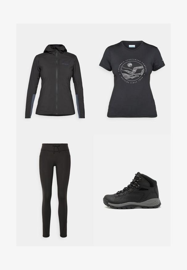 Casaco com capuz preto da Patagonia com fecho na frente e manchas cinzas nos antebraços interiores, exibido sobre um fundo branco.; T-shirt preto da Columbia com arte em linha branca circular representando montanhas e rios, e o texto "Columbia Sportswear Company Outside Since 1938."; Leggings pretos com uma cintura alta, cordão, textura suave e design ajustado. Apresentam detalhes de costura ao longo das laterais.; Bota de caminhada preta com design de cano médio, apresentando um upper texturizado, detalhes cinzentos e sola de borracha durável com cravos de tração.