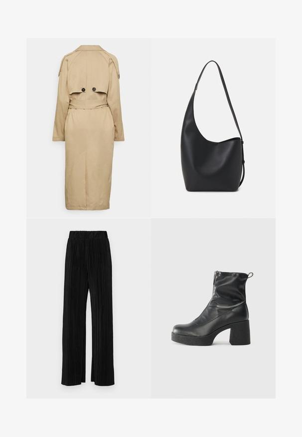 Trench coat bege com cintura cingida por cinto, epauletes nos ombros, botões duplos nas costas e forro interior. Mangas de comprimento total e ventilações traseiras.; Suéter preto de mangas compridas com textura canelada, justo ao corpo, com um decote redondo, exibido contra um fundo claro e liso.; Calças pregueadas pretas com uma cintura elástica. Apresentam pernas largas e um tecido liso, texturizado com riscas verticais.; Botas de tornozelo pretas feitas de couro liso, com fecho lateral, salto grosso texturizado e design de bico arredondado.; Saco hobo preto em pele com uma textura lisa, forma curva e uma única alça ajustável; apresenta uma abertura larga na parte de cima.