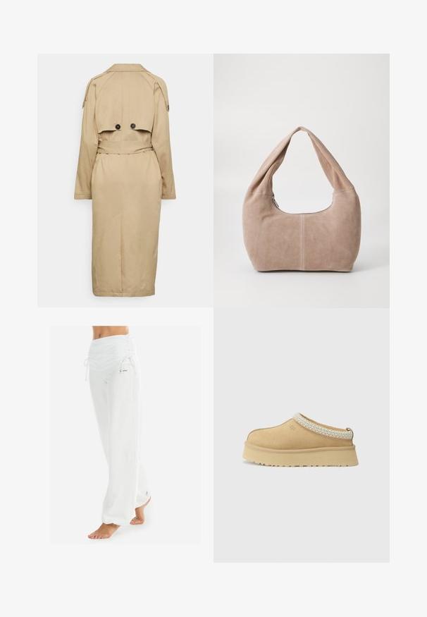 Beige trenchcoat med bælte i taljen, skulderklaffer, dobbeltknapper bagpå og foret indvendigt. Langærmede og bagventilation.; Hvid strikket sweater med v-hals og lange ærmer. Har et struktureret diamantmønster og et lille logo på venstre bryst.; Hvid ærmeløs top med justerbare stropper, tætsiddende design, glat stofstruktur og rund halsudskæring. Ingen mønstre eller hardware detaljer.; Hvide, løstsiddende bukser med en samlet talje og snøre. Glat tekstur med sidesømme, designet til komfort og bevægelsesfrihed.; Tan ruskind slip-on sko med en polstret krave og en tekstureret lyseblå accent. Har en tyk, holdbar ydersål med et mønstret slidbane.; Hobo taske lavet af blødt, suede materiale i en lys beige farve. Har en rund form med en bred rem og lynlås lukning.