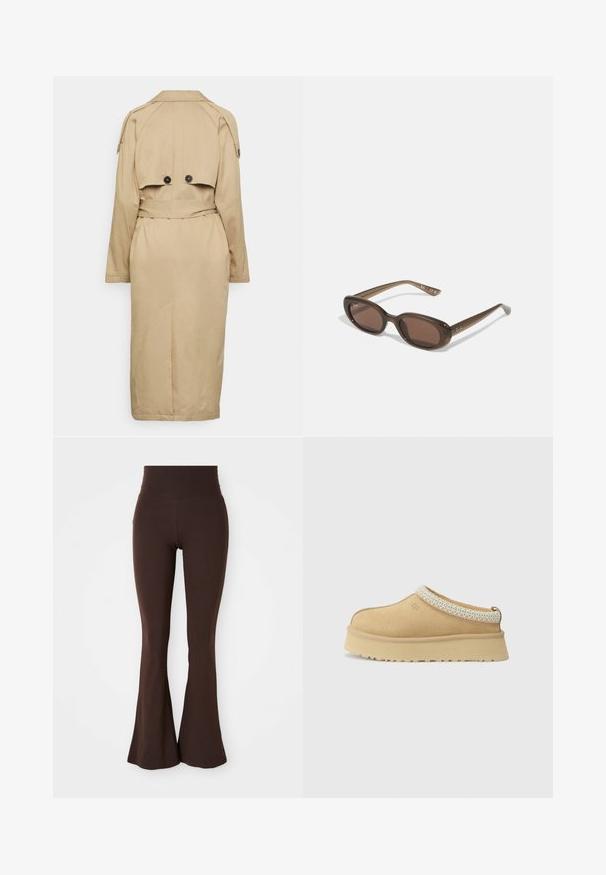 Bežinis paltas su diržo juosmeniu, pečių epauletėmis, dvigubais mygtukais nugaros pusėje ir išklota vidaus dalimi. Ilgi rankoviai ir nugaros ventiliacija.; Baltas megztinis su V formos iškirpte ir ilgomis rankovėmis. Papuoštas tekstūruotu deimanto raštu ir maža logotipu kairiajame krūtinės šone.; Rudos platėjančius legginus, pagamintus iš minkštos, elastinės medžiagos, su aukštu juosmeniu ir aptemptu siluetu, kuris plečiasi ties kulkšnimis.; Tan spalvos iš suede medžiagos šlepetės su paminkštintu kraštu ir šviesiai mėlynu tekstūruotu akcentu. Pasižymi storu, patvariu padu su raštuotu protektoriumi.; Rudos ovalo formos saulės akiniai su tamsiais lęšiais. Rėmas pagamintas iš skaidrios rudos medžiagos ir ant šventyklų yra atspausdintas logotipas.; Austintas šviesiai rudas pirkinių krepšys su prislėgtu dizainu ir vienu peties diržu. Paviršiuje matomas tekstūrinis raštas.