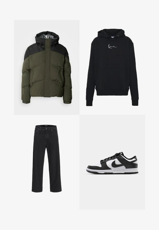 Schott ETHEN - Winterjas - kaki/black; Zwarte hoodie van zachte stof, met een voorzak, koorden en witte logo borduring op de borst. Klassieke pasvorm en geribde manchetten.; Zwarte recht gesneden denim jeans met knoop- en ritssluiting, riemlussen en voor- en achterzakken.; Zwart-witte Nike Dunk sneakers met een leren bovenwerk, geperforeerde neus, zwarte veters en een zwarte rubberen zool met profiel.