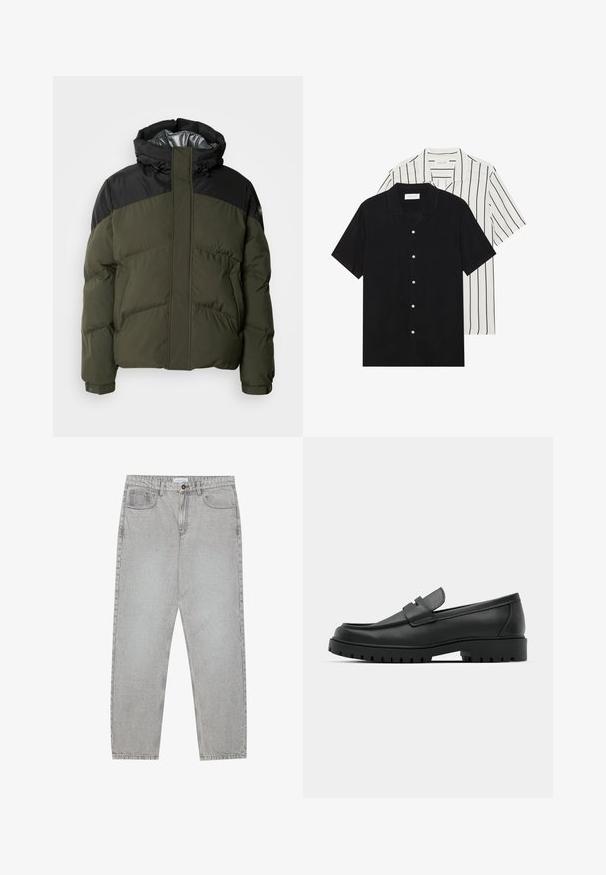 Schott ETHEN - Ziemas jaka - kaki/black; Divi īsām piedurknēm krekli: viens pilnīgi melns, otrs balts ar melnām vertikālām svītrām. Abi ir aprīkoti ar pogu aizdari un klasisko apkakli.; Gai pelēko džinsu bikses ar taisnajām kājām, piecu kabatu stilu un pogu aizdari. Redzama šuvju apstrāde gar šuvēm.; Melnas ādas loafers ar noapaļotu purngalu, ar izšūtu dizainu, zemu platformas zoli un teksturētu, rievotu gumijas ārējo zoli.