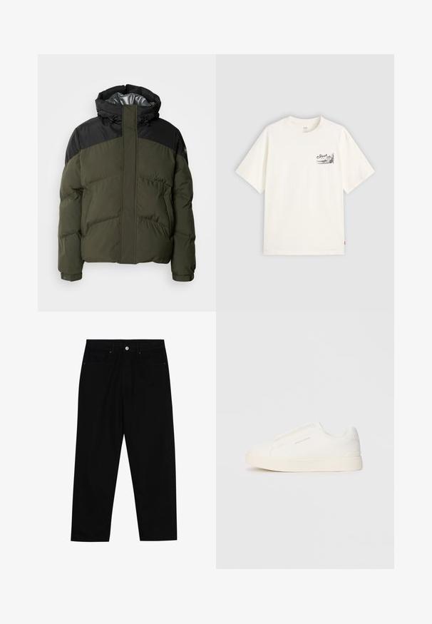 Schott ETHEN - Vinterjakker - kaki/black; Hvid kortærmet t-shirt lavet af bomuld, med et sort grafisk design på venstre brystområde med ordet "Fresh."; Sorte denimbukser med lige ben, fem lomme-design og knaplukning foran. Glat tekstur med minimale syninger.; Hvide slip-on sneakers med en struktureret overflade, en tyk sål og et minimalistisk design. Har brandlogoet på siden.