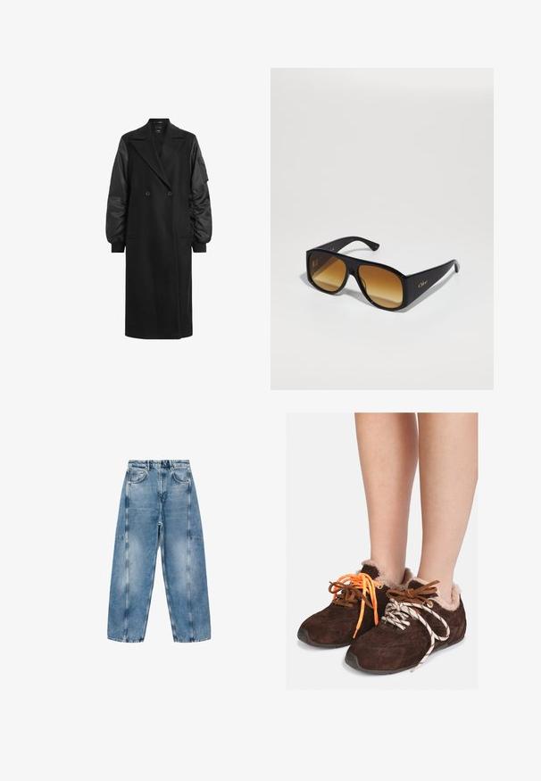 Cappotto nero doppiopetto con maniche lunghe e voluminose realizzato in tessuto lucido. Presenta due tasche frontali e un dettaglio in vita aderente.; Maglione grigio corto realizzato in materiale morbido e peluche. Presenta maniche lunghe e un collo tondo, con una texture liscia e leggera.; T-shirt bianco a maniche corte realizzato in morbido cotone, con scollatura rotonda e un fit rilassato con dettagli orlo arrotolato. Senza fantasie né accenti.; I jeans in denim azzurro chiaro presentano una vestibilità rilassata, ampie tasche e cuciture a contrasto. Il tessuto ha una finitura scolorita con una texture liscia.; Scarpe slip-on in suede marrone con fodera in pelliccia, indossate a piedi nudi, con lacci di colori assortiti: uno arancione e uno bianco con strisce nere.; Occhiali da sole neri a forma rettangolare con lenti sfumate marroni. Realizzati in plastica, presentano una superficie liscia e un sottile logo dorato sulla tempia.