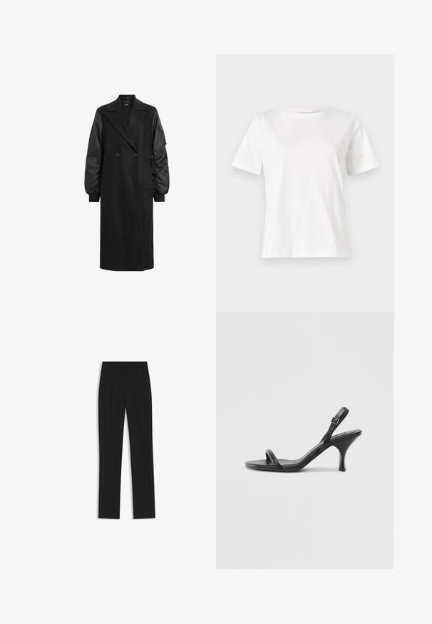 Cappotto nero doppiopetto con maniche lunghe e voluminose realizzato in tessuto lucido. Presenta due tasche frontali e un dettaglio in vita aderente.; T-shirt bianca in cotone con maniche corte, scollatura rotonda e vestibilità rilassata. Struttura liscia, senza motivi né accenti, design minimalista.; Pantaloni neri su misura con un design a gamba dritta, dotati di tasche frontali e un tessuto liscio e strutturato. Dettagli ordinati e minimalisti.; Sandali con tacco alto in pelle nera, con tacco sottile e curvo e design a fascia incrociata. Cinghia alla caviglia regolabile. Texture liscia.