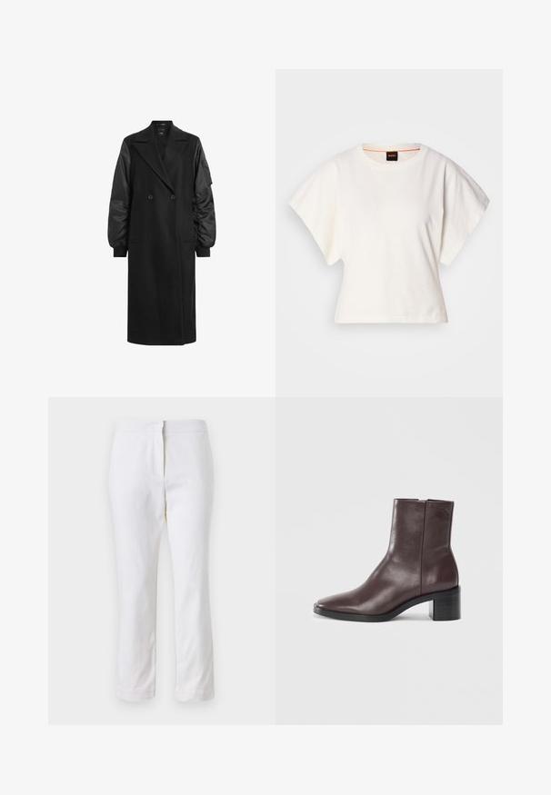 Črn dvoredni plašč z dolgimi, napihnjenimi rokavi iz sijočega materiala. Ima dve sprednji žep in poudarek na oprijetem pasu.; Bela skrajšana majica s kratkimi širokimi rokavi, mehka bombažna tkanina, okrogla ovratnica z diskretnim oranžnim robom, minimalističen dizajn, brez vzorcev ali grafike.; Beli bombažne hlače s ravnim krojem, srednje visoko pasom, brez vidnih kovinskih elementov ali vzorcev. Gladka textura po vsej površini.; Temno rjave usnjene gležnjarje s kvadratnim nosom, blokastim petami in subtilno embosiranim logotipom blizu vrha, na enobarvni beli podlagi.