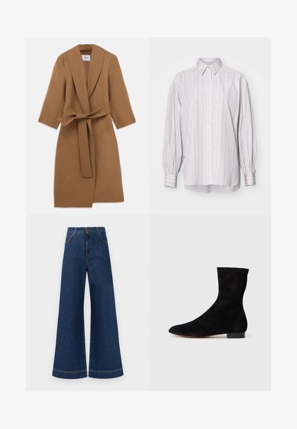 Cappotto in lana color fieno con colletto sciallato, maniche lunghe e cintura legata in vita. Design minimalista, tessuto strutturato e lunghezza al ginocchio.; Camicia a righe dai colori chiari, con colletto classico, maniche lunghe a sbuffo e orlo posteriore leggermente più lungo.; Jeans in denim blu a gamba larga con vita alta, dotati di chiusura a bottone, passanti per cintura e dettagli di cucitura sottili lungo le tasche e i orli.; Stivale alla caviglia in suede nero con gambale aderente, punta affusolata e tacco a blocco basso. Texture liscia e design minimalista, adatto per uno stile versatile.