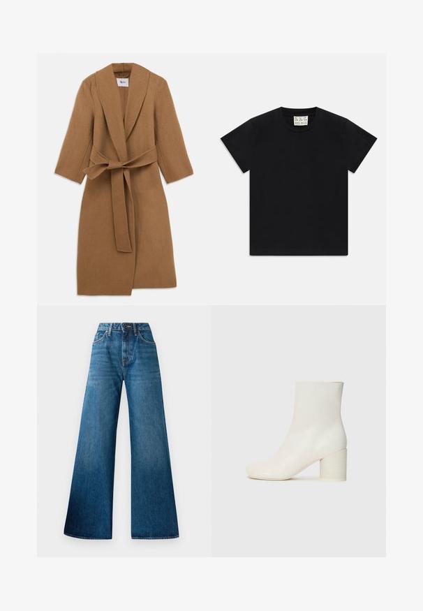 Palton din lână bej, cu guler tip șal, mâneci lungi și o curea legată în talie. Design minimalist, țesătură texturată și croială până la genunchi.; Tricou negru cu mânecă scurtă și guler rotund, având un etichetă albă în interiorul gulerului, inscripționată cu "D.R.C. EST. 2002" pe un fundal alb.; Jeans wide-leg din denim albastru, cu talie înaltă, decolorare ușoară, design clasic cu cinci buzunare și închidere cu nasture în față.; Gheată albă din piele până la gleznă, cu vârf rotund și toc cilindric gros. Textură netedă, design minimal, fără hardware sau tipare vizibile.