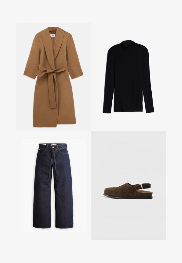 Cappotto in lana color fieno con colletto sciallato, maniche lunghe e cintura legata in vita. Design minimalista, tessuto strutturato e lunghezza al ginocchio.; Maglietta nera a maniche lunghe con collo a cascata, realizzata in un tessuto morbido e liscio; design aderente con orlo dritto e senza cuciture visibili.; Jeans in denim scuro a gamba larga con vita alta, dotati di un laccio, cinque tasche e dettagli di cucitura a contrasto.; Scarpa slip-on in suede marrone con tacco basso, cinturino regolabile con fibbia argentata e suola in gomma nera.