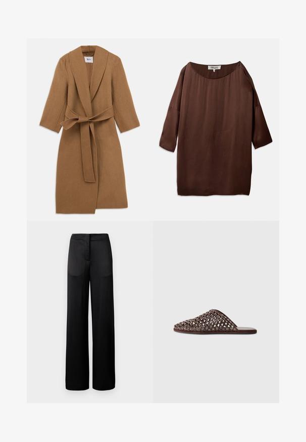 Manteau en laine beige avec un col châle, des manches longues et une ceinture nouée à la taille. Design minimaliste, tissu texturé et longueur au genou.; Blouse marron, ample avec un col bateau large et des manches trois-quarts, fabriquée dans un tissu lisse et texturé. Le haut présente des plis subtils.; Pantalons noirs à jambes larges avec une surface texturée, dotés d'une taille plate et de deux poches latérales. Le tissu semble léger et fluide.; Sandale glissière tissée marron avec une pointe arrondie, un design ouvert, une semelle plate et une surface texturée. Matériau léger et silhouette minimaliste.