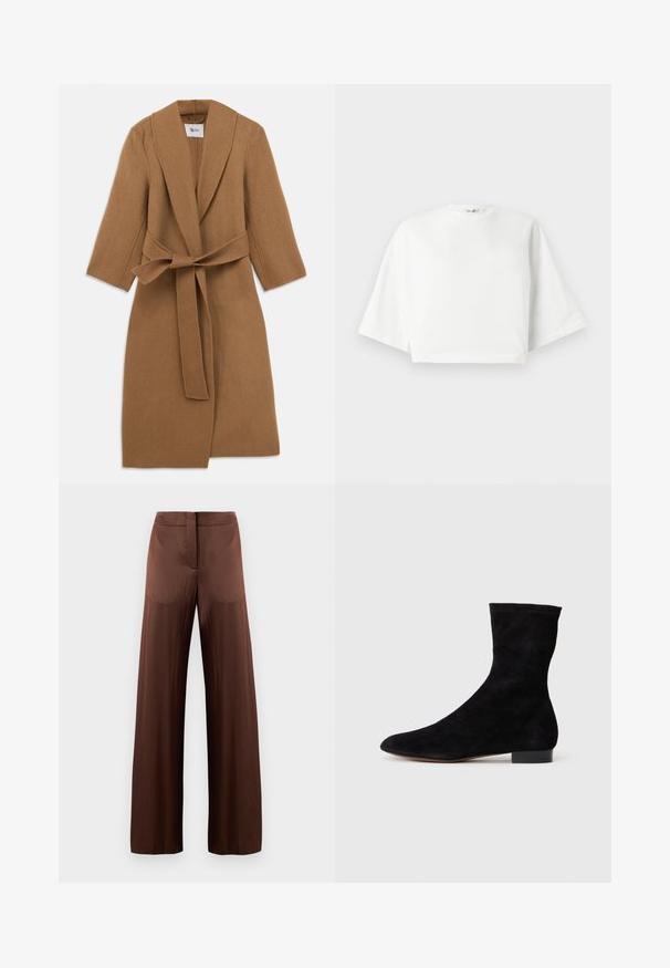 Tan wollen jas met een sjaalkraag, lange mouwen en een strikband in de taille. Minimalistisch design, gestructureerde stof en knie-lange snit.; Witte, cropped t-shirt met een relaxte pasvorm, korte brede mouwen, ronde halslijn en zijsplitten, gemaakt van zacht katoen.; Bruine wijde broek gemaakt van een gladde, lichte stof, met een rechte voorkant, zonder zakken en een rechte silhoutte.; Zwarte suède enkelboot met een aansluitende schacht, puntige neus en een lage blokhak. Gladde textuur en minimalistisch ontwerp, geschikt voor veelzijdige styling.