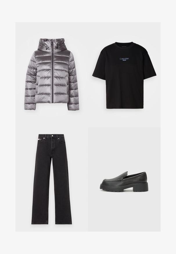 Szürke puffertakó kapucnival, steppelt mintázattal, elülső cipzárral és húzózsinóros díszítéssel. Csillogó, sima anyagból készült.; Fekete pamut póló kerek nyakkal, rövid ujjú, elöl kék hímzett "Calvin Klein JEANS" logóval.; Fekete, bőszárú farmernadrág, magas derekú, öt zsebes kialakítással és fém gombos záródással, kontrasztos varrással.; Fekete bőr loafer cipők kerek orral, vastag, texturált talppal és minimális varrási részletekkel. Áramvonalas dizájn, látható fűzők vagy fém részek nélkül.