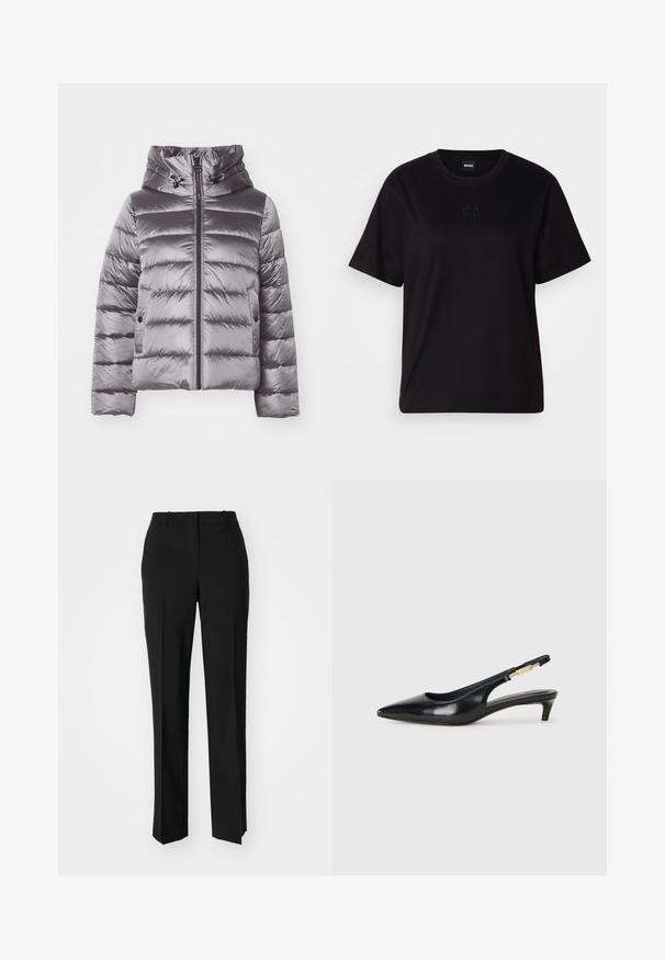 Jachetă puffer gri cu glugă, având un design matlasat, fermoar frontal și accente cu șnur. Fabricată dintr-un material lucios și neted.; T-shirt negru din bumbac, cu guler rotund, mâneci scurte și un logo brodat pe piept. Design simplu, cu o croială relaxată și fără modele.; Pantaloni negri tailor-ed cu un design drept, având o textură fină și cute clare pe față. Fără elemente de prindere vizibile.; Sandale slingback din piele neagră cu vârf ascuțit, având un toc subțire și un accent de culoare aurie pe curea ajustabilă. Textură netedă.