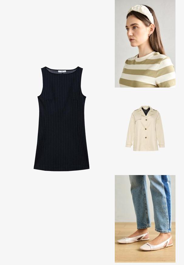 Trench coat beige con un design strutturato, con un ampio colletto, grandi bottoni frontali e polsini. Ha tasche laterali e una texture liscia.; Abito senza maniche a righe navy con taglio dritto, dotato di tasche laterali e scollo rotondo. Tessuto con texture liscia.; Ballerine slingback rosa pallido con punta affusolata, realizzate in un materiale simile alla pelle liscio. Presentano dettagli a taglio sui lati e un tacco piatto.; Borsa tote in pelle marrone con una forma ampia e strutturata, manici sottili e una finitura testurizzata. Presenta un design minimalista senza hardware visibile.; Fascia per capelli imbottita di colore crema con design intrecciato, abbinata a una camicia a righe beige e bianche con scollatura rotonda. Accenti di gioielli delicati.