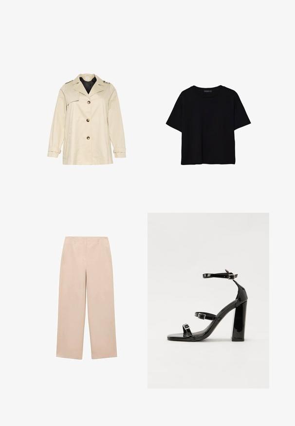 Bežový trenčkot so štruktúrovaným dizajnom, ktorý má široký golier, veľké predné gombíky a manžety. Má bočné vrecká a hladkú textúru.; Čierne tričko s krátkym rukávom vyrobené z bavlny. Má okrúhly výstrih a voľný strih s hladkou, jednofarebnou textúrou. Žiadne viditeľné vzory ani akcenty.; Béžové široké nohavice vyrobené z hladkej tkaniny, s plochým predným dielom a pútkami na opasok, bez viditeľných vzorov alebo zdobení.; Čierne lakované sandále na podpätku so štvorcovou špičkou, navlečenými remienkami okolo členku a striebornými prackami. Disponujú masívnym blokovým podpätkom pre stabilitu.