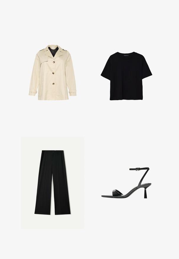 Beżowy płaszcz trench z wyraźnym krojem, z szerokim kołnierzem, dużymi guzikami z przodu i mankietami. Posiada kieszenie po bokach i gładką teksturę.; Czarna koszulka z krótkim rękawem wykonana z bawełny. Posiada okrągły dekolt i luźny krój z gładką, jednolitą teksturą. Brak widocznych wzorów lub akcentów.; Bershka WIDE czarny; Bershka - Sandały na obcasie