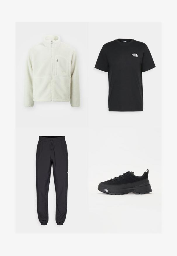 The North Face EXTREME JACKET - Forro polar - white dune; Camiseta de algodón negro con mangas cortas, cuello redondo y un pequeño logo blanco en el lado izquierdo del pecho. Diseño simple, textura suave y ajuste relajado.; Pantalones deportivos negros hechos de un tejido ligero, con una cinturilla ajustable, bolsillos laterales y puños ajustados en los tobillos.; Zapatilla negra de exterior con parte superior de ante, suela de goma texturizada y un sólido sistema de cordones. Cuenta con un talón reforzado y el logotipo de la marca en el lateral.